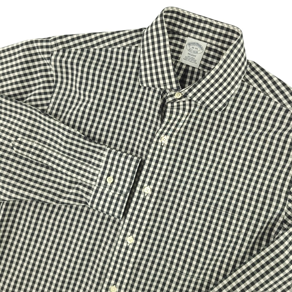 Brooks Brothers Dress Shirt Mens 16 35 Black Gingham Regent Non Iron Supima